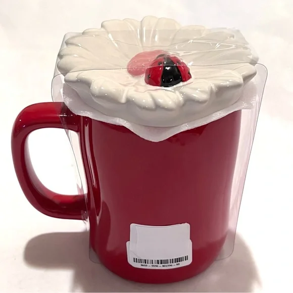 Rae Dunn LOVE BUG Ceramic Mug with Flower/Ladybug Topper Red/White - Picture 11 of 16